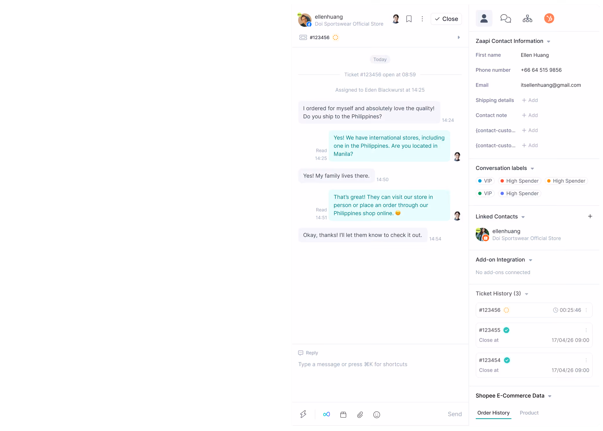 Customer support conversation view